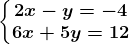 \left\\beginmatrix 2x - y = -4 & \\ 6x + 5y = 12\endmatrix\right.